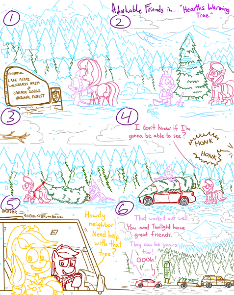 Size: 4779x6013 | Tagged: safe, artist:adorkabletwilightandfriends, derpibooru import, apple bloom, applejack, big macintosh, lily, lily valley, spike, comic:adorkable twilight and friends, adorkable, adorkable friends, axe, boots, butt, car, christmas, christmas tree, clothes, coat, cute, dodge dart, dork, dragging, forest, friendship, hearth's warming, hearth's warming tree, hiking, holiday, image, jeep wagoneer, kindness, lilybetes, love, mountain, nature, perspective, plot, png, scarf, scenery, shoes, sign, snow, snow flurries, suv, tree, weapon, wholesome, winter, winter outfit, winter wonderland