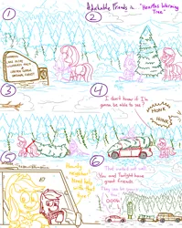 Size: 4779x6013 | Tagged: safe, artist:adorkabletwilightandfriends, derpibooru import, apple bloom, applejack, big macintosh, lily, lily valley, spike, comic:adorkable twilight and friends, adorkable, adorkable friends, axe, boots, butt, car, christmas, christmas tree, clothes, coat, cute, dodge dart, dork, dragging, forest, friendship, hearth's warming, hearth's warming tree, hiking, holiday, image, jeep wagoneer, kindness, lilybetes, love, mountain, nature, perspective, plot, png, scarf, scenery, shoes, sign, snow, snow flurries, suv, tree, weapon, wholesome, winter, winter outfit, winter wonderland