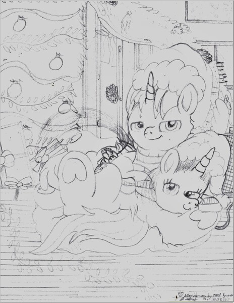 Size: 2550x3300 | Tagged: safe, artist:lincolnbrewsterfan, derpibooru import, oc, oc:killer epic, oc:nocturnal vision, ponified, unofficial characters only, alicorn, pony, alicorn oc, amp, belly button, christmas, christmas lights, christmas tree, clothes, cord, cuddling, curled up, derpibooru exclusive, dock, duo, electric guitar, featureless crotch, female, fender stratocaster, folded wings, friendcest, garland, gift wrap, guitar, hand drawing, hat, head on lap, heart, heart hoof, holiday, hoof hold, hoof on hoof, hoof on shoulder, horn, image, jpeg, killervision, leaning back, lidded eyes, lights, lincoln brewster, living room, looking at you, lounging, lying, lying down, lying on the floor, lying on top of someone, male, merry christmas, merry christmas 2021, monochrome, musical instrument, nc-tv, nc-tv:creator ponified, oc x oc, ornament, ornaments, picture, picture frame, pinecone, ponified music artist, power cord, present, santa hat, shipping, sketch, smiling, smiling at you, snuggling, staircase, stairs, straight, style emulation, sweater, tail, traditional art, tree, window, wing hands, wing hold, wings, wip, wooden floor, wreath