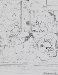 Size: 2550x3300 | Tagged: safe, artist:lincolnbrewsterfan, derpibooru import, oc, oc:killer epic, oc:nocturnal vision, ponified, unofficial characters only, alicorn, pony, alicorn oc, amp, belly button, christmas, christmas lights, christmas tree, clothes, cord, cuddling, curled up, derpibooru exclusive, dock, duo, electric guitar, featureless crotch, female, fender stratocaster, folded wings, friendcest, garland, gift wrap, guitar, hand drawing, hat, head on lap, heart, heart hoof, holiday, hoof hold, hoof on hoof, hoof on shoulder, horn, image, jpeg, killervision, leaning back, lidded eyes, lights, lincoln brewster, living room, looking at you, lounging, lying, lying down, lying on the floor, lying on top of someone, male, merry christmas, merry christmas 2021, monochrome, musical instrument, nc-tv, nc-tv:creator ponified, oc x oc, ornament, ornaments, picture, picture frame, pinecone, ponified music artist, power cord, present, santa hat, shipping, sketch, smiling, smiling at you, snuggling, staircase, stairs, straight, style emulation, sweater, tail, traditional art, tree, window, wing hands, wing hold, wings, wip, wooden floor, wreath