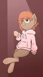Size: 918x1626 | Tagged: safe, artist:sneetymist, derpibooru import, oc, oc:soft coffee, unofficial characters only, earth pony, pony, blank flank, bottomless, clothes, coat markings, female, fluffy, fluffy sweater, hoodie, image, light, mare, no tail, open mouth, partial nudity, png, simple background, socks (coat marking)