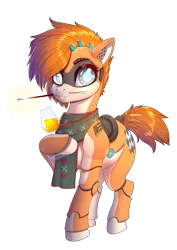 Size: 4960x7016 | Tagged: safe, artist:dankflank, derpibooru import, oc, oc:kiva, pony, robot, robot pony, derpibooru community collaboration, 2022 community collab, clothes, drink, image, looking at you, png, scarf, standing