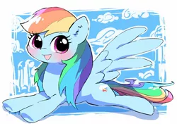 Size: 1672x1195 | Tagged: safe, artist:leo19969525, derpibooru import, rainbow dash, pegasus, pony, cute, dashabetes, ear fluff, female, image, jpeg, looking at you, lying down, mare, open mouth, open smile, smiling, solo, spread wings, wings