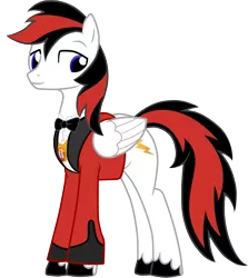 Size: 1259x1412 | Tagged: safe, artist:virgil pony, derpibooru import, oc, oc:flash, unofficial characters only, pegasus, pony, derpibooru community collaboration, 2022 community collab, blue eyes, bowtie, clothes, folded wings, full body, image, male, medallion, pegasus oc, png, red and black mane, simple background, smiling, solo, stallion, standing, suit, tail, transparent background, two toned mane, two toned tail, unshorn fetlocks, wings