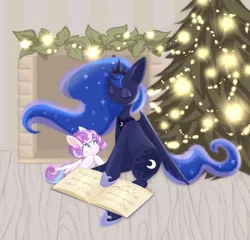 Size: 2500x2400 | Tagged: safe, artist:paintinca, derpibooru import, princess flurry heart, princess luna, alicorn, pony, auntie luna, book, christmas, christmas tree, duo, female, filly, fireplace, holiday, image, mare, png, reading, sitting, tree