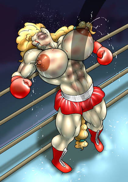 Size: 896x1280 | Tagged: questionable, artist:hellbridge, derpibooru import, pear butter, anthro, earth pony, abs, areola, belly button, biceps, big breasts, black eye, boots, boxing, boxing gloves, boxing ring, boxing shorts, breasts, busty pear butter, clothes, digital art, eyes closed, female, fight, image, jpeg, milf, nipples, nudity, partial nudity, punch, shoes, solo, sports, tail, thighs, topless, wide hips