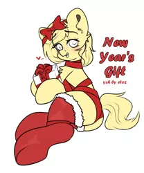 Size: 2000x2400 | Tagged: suggestive, artist:etoz, derpibooru import, oc, unofficial characters only, pony, advertisement, any gender, any species, auction, auction open, blushing, clothes, commission, cute, eyebrows, eyebrows visible through hair, female, generic pony, gift wrapped, happy new year, heart, holiday, image, mare, new year, open mouth, png, ribbon, shy, socks, solo, stockings, teeth, thigh highs, ych example, ych sketch, your character here, your character here auction