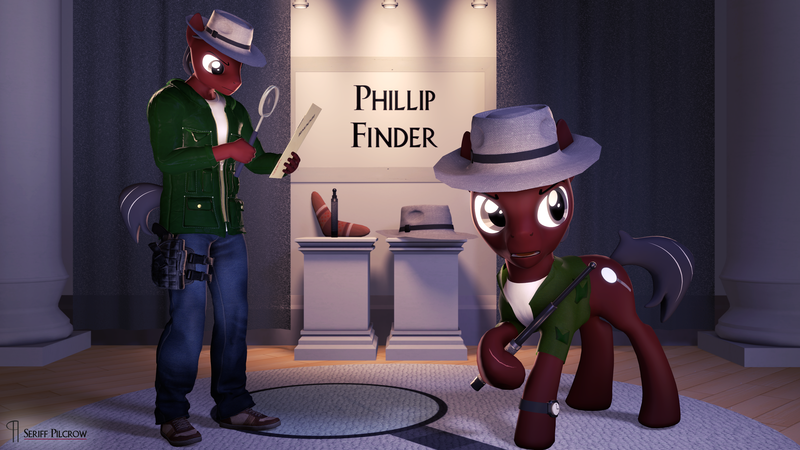 Size: 3840x2160 | Tagged: safe, artist:seriff-pilcrow, derpibooru import, oc, oc:phillip finder, unofficial characters only, anthro, earth pony, plantigrade anthro, 3d, anthro ponidox, baton, boomerang, clothes, curtains, detective, fishing vest, gun, handgun, hat, holster, image, jeans, magnifying glass, male, pants, pedestal, png, police baton, revolver, rug, self ponidox, shoes, source filmmaker, trilby, watch, weapon