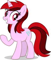 Size: 1721x2051 | Tagged: safe, artist:thatusualguy06, derpibooru import, oc, oc:double red, unofficial characters only, pony, unicorn, derpibooru community collaboration, 2022 community collab, derpibooru exclusive, female, grin, horn, image, looking at you, mare, png, raised hoof, shadow, simple background, smiling, smiling at you, solo, transparent background, unicorn oc, vector