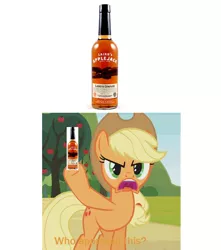 Size: 756x856 | Tagged: episode needed, safe, artist:thegamerpainter, derpibooru import, edit, edited screencap, screencap, applejack, earth pony, pony, alcohol, angry, apple, apple tree, applejack (drink), asking, caption, food, hood hold, image, image macro, open mouth, png, solo, text, text edit, tree, uvula