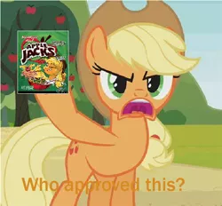 Size: 598x556 | Tagged: episode needed, safe, artist:gbillustrations, artist:thegamerpainter, derpibooru import, edit, edited screencap, screencap, applejack, earth pony, pony, advertisement, angry, apple, apple jacks, apple tree, applejack cereal, asking, caption, cereal, custom, food, hood hold, image, image macro, irl, open mouth, parody, photo, png, pun, solo, text, text edit, toy, tree, uvula