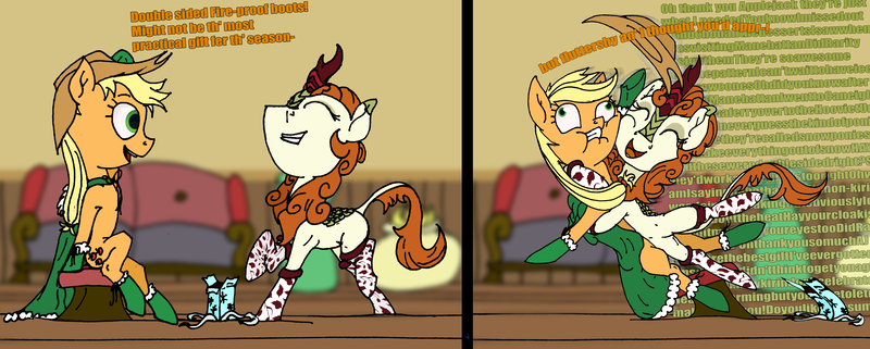 Size: 10471x4200 | Tagged: safe, artist:teakay-c-ii-r, derpibooru import, applejack, autumn blaze, earth pony, kirin, pony, boots, cloak, clothes, dialogue, hug, image, jpeg, present, shoes, text, wall of text