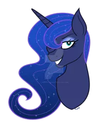 Size: 1280x1520 | Tagged: safe, artist:cherrycandi, derpibooru import, princess luna, alicorn, pony, bust, deviantart watermark, eyeshadow, female, flowing mane, image, makeup, obtrusive watermark, png, simple background, smiling, smirk, solo, transparent background, watermark