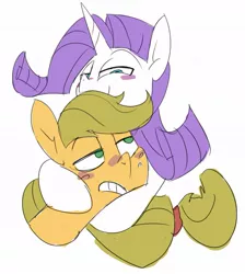 Size: 1015x1135 | Tagged: safe, artist:baigak, derpibooru import, applejack, rarity, earth pony, pony, unicorn, blushing, female, hatless, hooves on cheeks, hug, image, jpeg, lesbian, lidded eyes, looking at each other, looking at someone, mare, missing accessory, rarijack, shipping, simple background, smiling, white background