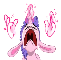 Size: 369x363 | Tagged: safe, artist:xbi, derpibooru import, oc, oc:lapush buns, unofficial characters only, unicorn, bunny ears, bunnycorn, bwah, chin up, disappointed, dramatic, hand, image, magic, magic hands, open mouth, png, sad, simple background, solo, sticker, transparent background