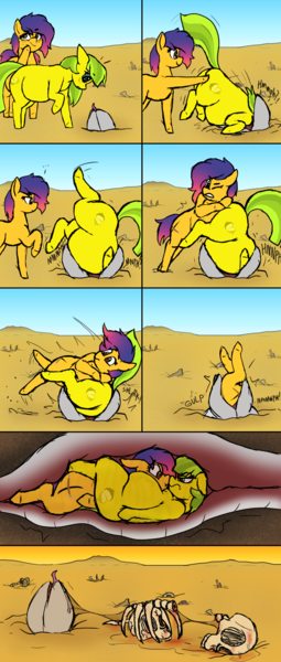 Size: 2165x5100 | Tagged: grimdark, questionable, artist:crazy water, derpibooru import, oc, oc:lemon drop, oc:line art, earth pony, pony, worm, belly, betrayal, blood, bone, chubby, comic, commission, death, derpibooru exclusive, desert, digestion, female, image, mare, mistakes were made, multiple prey, onomatopoeia, png, shove, stuck, the ass was fat, unamused, vore, wide eyes, worm vore