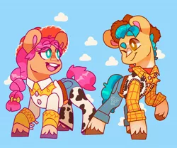 Size: 3000x2500 | Tagged: safe, artist:cocopudu, derpibooru import, hitch trailblazer, sunny starscout, earth pony, pony, cowboy hat, duo, female, g5, hat, image, jessie (toy story), jpeg, male, mare, one eye closed, open mouth, open smile, smiling, stallion, toy story, unshorn fetlocks, wink, woody