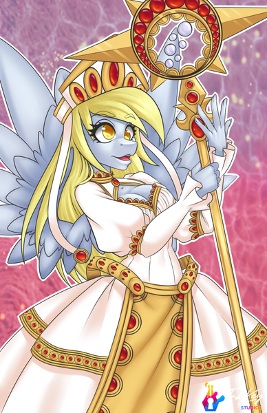 Size: 660x1020 | Tagged: safe, artist:inkkeystudios, derpibooru import, derpy hooves, anthro, pegasus, clothes, crossover, diadem, dress, dungeons and dragons, female, healer, image, pen and paper rpg, png, rpg, signature, staff, warcraft, world of warcraft