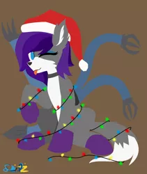 Size: 2362x2795 | Tagged: safe, artist:samsailz, derpibooru import, oc, :p, christmas, christmas lights, commission, hat, holiday, image, lineless, mechanical arms, mechanical hands, no iris, one eye closed, png, santa hat, solo, tangled up, tongue out, wink, ych example, ych result, your character here