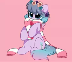 Size: 3897x3374 | Tagged: safe, artist:kittyrosie, derpibooru import, oc, unofficial characters only, earth pony, pony, blushing, christmas, clothes, cute, earth pony oc, eyes closed, flower, flower in hair, holiday, image, jpeg, ocbetes, scarf, simple background