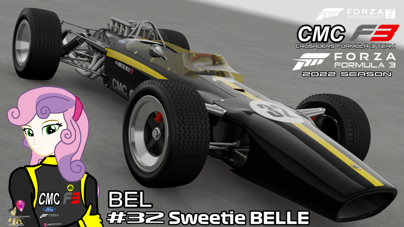 Size: 3840x2160 | Tagged: safe, artist:forzaveteranenigma, derpibooru import, lotus blossom, sweetie belle, equestria girls, car, ford, formula 1, formula 3, forza motorsport 7, human coloration, image, lotus 49, png, racecar, racing suit