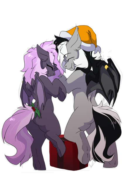 Size: 2481x3507 | Tagged: safe, artist:arctic-fox, derpibooru import, oc, oc:sak, oc:stormdancer, unofficial characters only, bat pony, undead, vampire, vampony, derpibooru community collaboration, 2022 community collab, christmas, couple, cute, hat, holiday, image, married couple, png, sakancer, santa hat