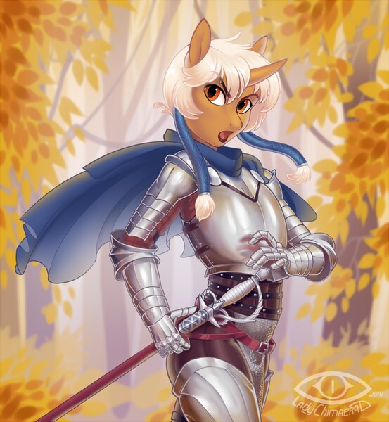 Size: 1179x1280 | Tagged: safe, artist:ladychimaera, derpibooru import, oc, unofficial characters only, anthro, unicorn, armor, cape, clothes, female, horn, image, jpeg, outdoors, solo, sword, unicorn oc, weapon