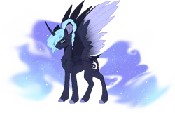 Size: 874x563 | Tagged: safe, artist:enifersuch, derpibooru import, princess luna, alicorn, pony, alternate design, base used, colored hooves, ethereal mane, female, horn, image, mare, png, simple background, smiling, solo, starry mane, transparent background, wings