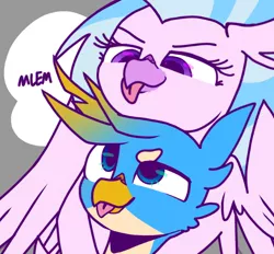 Size: 1026x952 | Tagged: safe, artist:berrysoda10, derpibooru import, gallus, silverstream, gryphon, hippogriff, beak, female, gallstream, hug, image, lowres, male, mlem, playful, png, shipping, silly, straight, text, tongue out