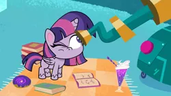 Size: 1920x1080 | Tagged: safe, derpibooru import, screencap, twilight sparkle, twilight sparkle (alicorn), alicorn, pony, my little pony: pony life, spoiler:pony life s02e01, book, cute impact, female, image, mare, png, solo, telescope