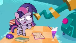 Size: 1920x1080 | Tagged: safe, derpibooru import, screencap, twilight sparkle, twilight sparkle (alicorn), alicorn, pony, my little pony: pony life, spoiler:pony life s02e01, book, cute impact, female, image, mare, png, solo, telescope