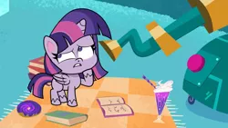 Size: 1920x1080 | Tagged: safe, derpibooru import, screencap, twilight sparkle, twilight sparkle (alicorn), alicorn, pony, my little pony: pony life, spoiler:pony life s02e01, book, cute impact, female, image, mare, png, solo, telescope