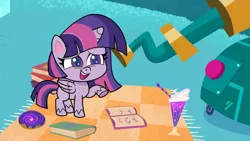 Size: 1920x1080 | Tagged: safe, derpibooru import, screencap, twilight sparkle, twilight sparkle (alicorn), alicorn, pony, my little pony: pony life, spoiler:pony life s02e01, book, cute impact, female, image, mare, png, solo, telescope