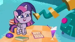 Size: 1920x1080 | Tagged: safe, derpibooru import, screencap, twilight sparkle, twilight sparkle (alicorn), alicorn, pony, my little pony: pony life, spoiler:pony life s02e01, book, cute impact, female, image, mare, png, solo, telescope