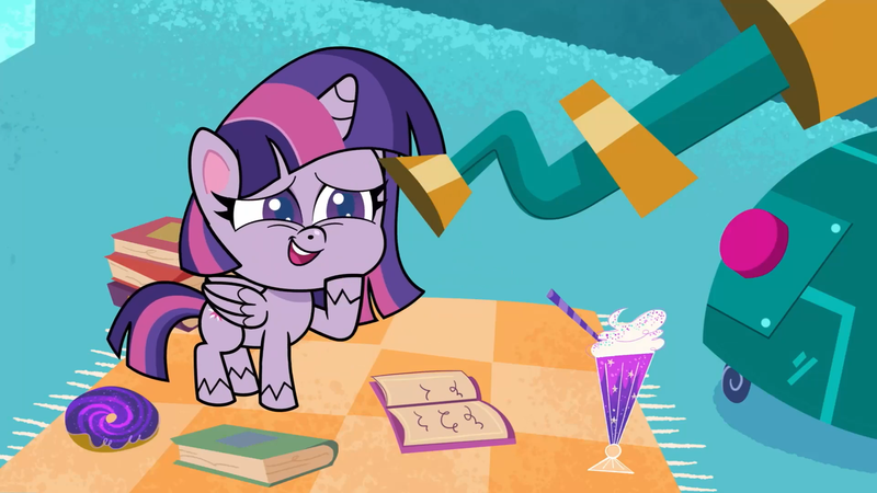 Size: 1920x1080 | Tagged: safe, derpibooru import, screencap, twilight sparkle, twilight sparkle (alicorn), alicorn, pony, my little pony: pony life, spoiler:pony life s02e01, book, cute impact, female, image, mare, png, solo, telescope