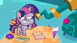 Size: 1920x1080 | Tagged: safe, derpibooru import, screencap, twilight sparkle, twilight sparkle (alicorn), alicorn, pony, my little pony: pony life, spoiler:pony life s02e01, book, cute impact, female, image, mare, png, solo, telescope