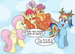 Size: 1887x1356 | Tagged: safe, artist:pony-thunder, derpibooru import, apple bloom, fluttershy, rainbow dash, scootaloo, sweetie belle, earth pony, pegasus, pony, unicorn, antlers, comic, cutie mark crusaders, dialogue, female, filly, floppy ears, folded wings, green eyes, horn, image, mare, multicolored hair, multicolored mane, multicolored tail, open mouth, open smile, orange eyes, pink mane, pink tail, png, purple eyes, rainbow hair, rainbow tail, red mane, reindeer antlers, sleigh, smiling, snow, speech bubble, standing, tail, teal eyes, tongue out, two toned mane, wings