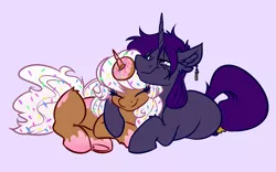 Size: 4000x2500 | Tagged: safe, artist:witchtaunter, derpibooru import, oc, oc:donut daydream, oc:yoru night, pony, unicorn, commission, couple, cuddling, donut, ear fluff, food, image, png, simple background