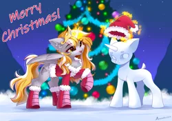 Size: 4960x3496 | Tagged: safe, artist:airiniblock, derpibooru import, oc, oc:stormy, unofficial characters only, alicorn, pony, alicorn oc, christmas, hat, holiday, horn, image, night, png, santa hat, snow, snowpony, solo, tree, wings, winter