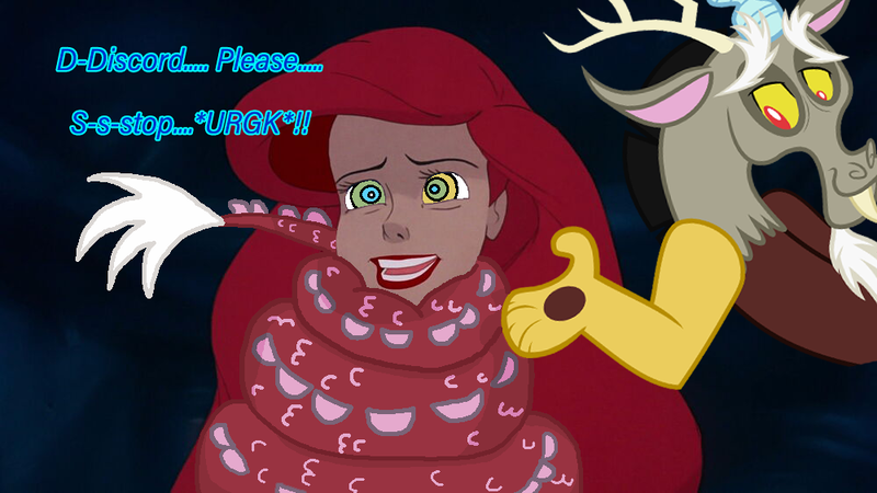 Size: 1000x563 | Tagged: safe, artist:ocean lover, derpibooru import, discord, draconequus, mermaid, ariel, coils, disney, disney princess, hands up, hypno eyes, hypnosis, hypnotized, image, lips, mind control, open mouth, png, shrug, smiling, squeeze, squeezing, tail, text, the little mermaid, trance, tugging, underwater, wrapped up