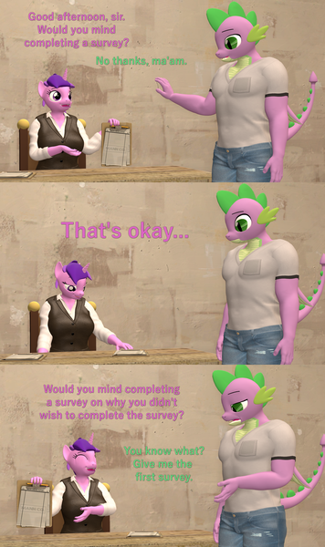 Size: 1920x3240 | Tagged: safe, artist:papadragon69, derpibooru import, amethyst star, spike, anthro, 3d, clothes, comic, gigachad spike, image, older, older spike, png, source filmmaker, survey, table