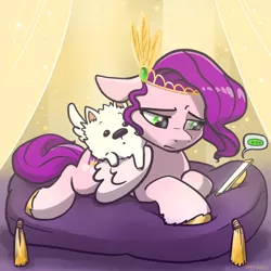 Size: 2048x2048 | Tagged: safe, artist:pfeffaroo, derpibooru import, cloudpuff, pipp petals, dog, pegasus, pomeranian, pony, ..., cushion, flying pomeranian, g5, image, jpeg, mobile phone, phone, sad, smartphone, winged dog