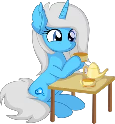 Size: 6161x6631 | Tagged: safe, artist:cyanlightning, derpibooru import, oc, oc:starsong dusk, pony, unicorn, .svg available, absurd resolution, female, food, image, mare, png, simple background, solo, table, tea, transparent background, vector