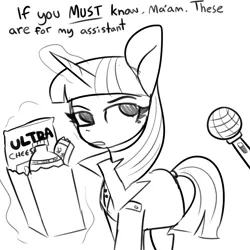 Size: 1440x1440 | Tagged: safe, artist:tjpones, derpibooru import, twilight sparkle, pony, clothes, dialogue, female, grayscale, grocery bag, image, implied spike, levitation, magic, mare, microphone, monochrome, offscreen character, paper bag, png, simple background, solo, telekinesis, trenchcoat, white background