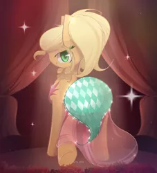 Size: 2000x2200 | Tagged: safe, artist:miryelis, derpibooru import, applejack, earth pony, pony, simple ways, applejewel, blinking, clothes, curtains, dress, full body, hair, image, jpeg, looking, looking at you, smiling, smiling at you, solo