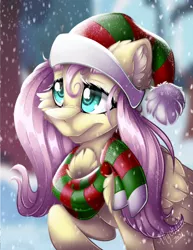 Size: 2550x3300 | Tagged: safe, artist:mychelle, derpibooru import, fluttershy, pony, chest fluff, christmas, clothes, ear fluff, hat, holiday, image, png, santa hat, scarf, snow, snowfall, solo, striped scarf