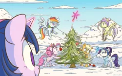 Size: 1280x800 | Tagged: safe, artist:imvicka, derpibooru import, applejack, fluttershy, pinkie pie, rainbow dash, rarity, twilight sparkle, earth pony, pegasus, pony, unicorn, alternate hairstyle, antlers, beanie, christmas, christmas decoration, christmas lights, christmas ornament, christmas tree, clothes, colored hooves, colored wings, decorating, female, flying, glow, glowing horn, hat, headband, holiday, hoof hold, horn, image, levitation, looking at something, magic, mane six, mare, mouth hold, no pupils, open mouth, open smile, outdoors, png, smiling, snow, spread wings, sweater, telekinesis, tree, turtleneck, two toned wings, wings, winter outfit