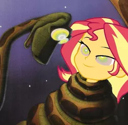 Size: 500x489 | Tagged: safe, artist:ocean lover, derpibooru import, edit, sunset shimmer, snake, equestria girls, equestria girls series, forgotten friendship, coils, disney, hypno eyes, hypnosis, hypnotized, image, jungle book, kaa, kaa eyes, night, outdoors, png, smiling, squeeze, stars, wrapped up