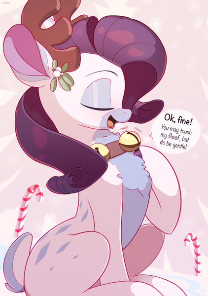 Size: 2154x3059 | Tagged: safe, artist:nookprint, derpibooru import, rarity, deer, reindeer, bell, bell collar, candy, candy cane, chest fluff, christmas, collar, eyes closed, food, holiday, image, open mouth, png, profile, rarideer, reindeerified, solo, species swap, speech bubble