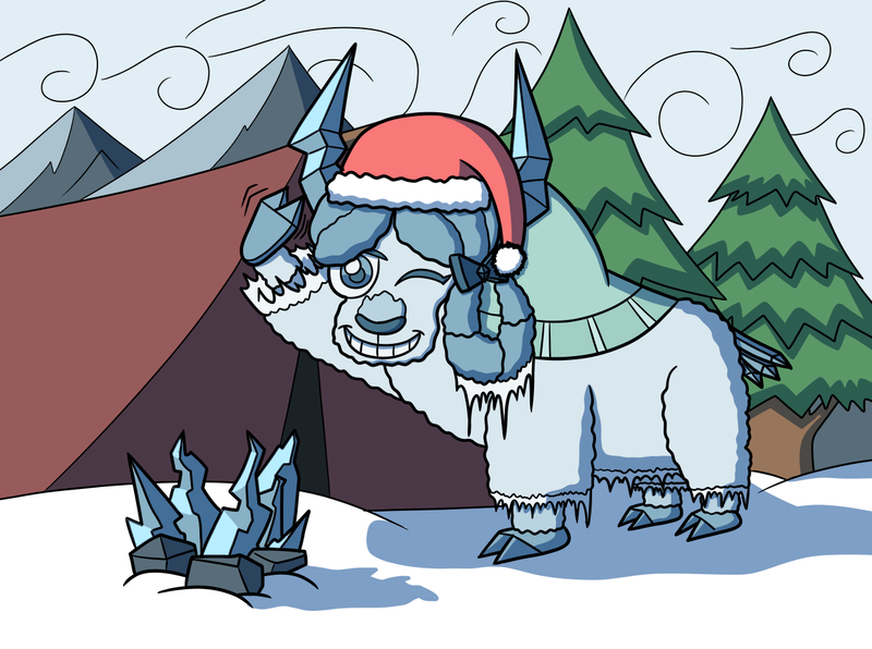 Size: 1280x953 | Tagged: safe, artist:sergeant16bit, derpibooru import, yona, yak, christmas, grin, hat, holiday, ice, image, one eye closed, pine tree, png, santa hat, smiling, snow, tent, tree, wave, wink